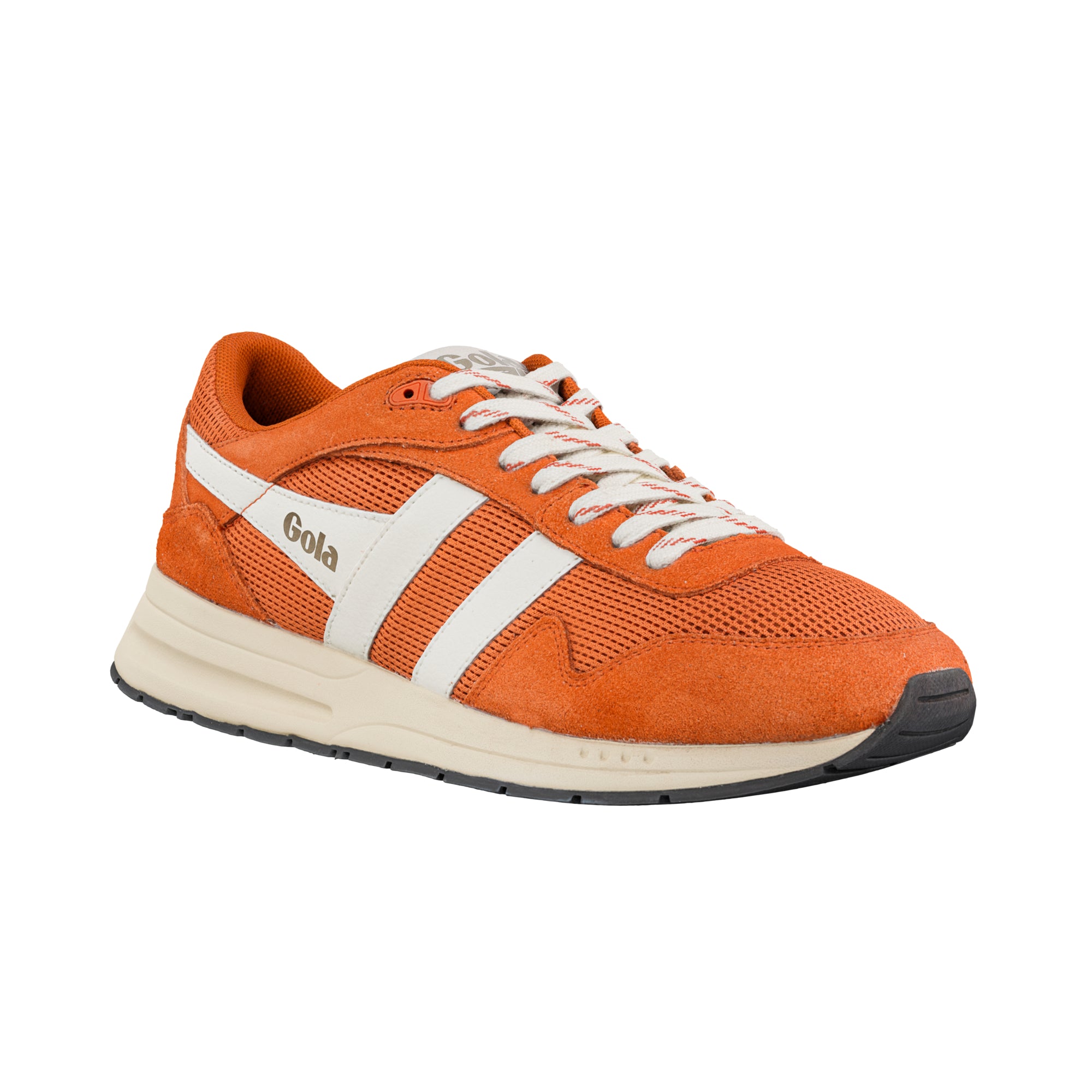 Orange Gola trainer with white side stripes and cream sole