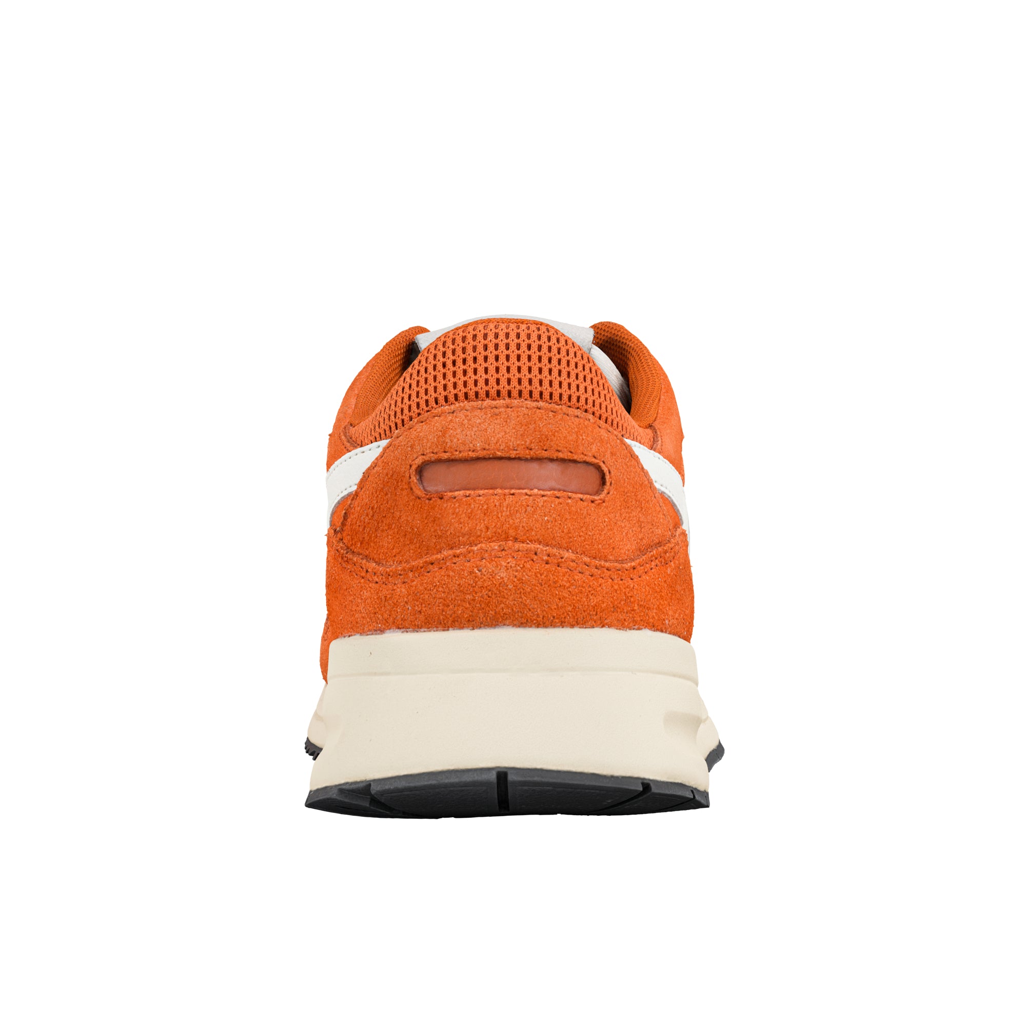 Rear view of an orange suede trainer with a cream midsole and black rubber sole