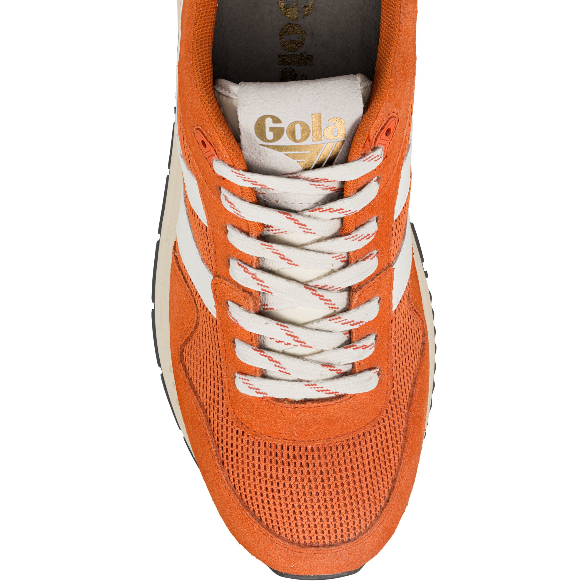 Top view of an orange suede and mesh Gola trainer with white laces