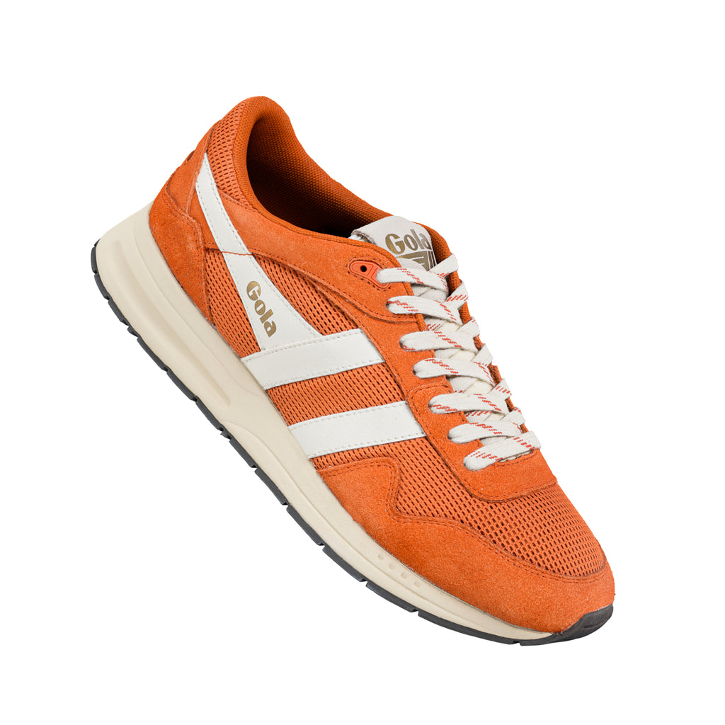 Orange suede and mesh Gola trainer with white side stripes and cream sole