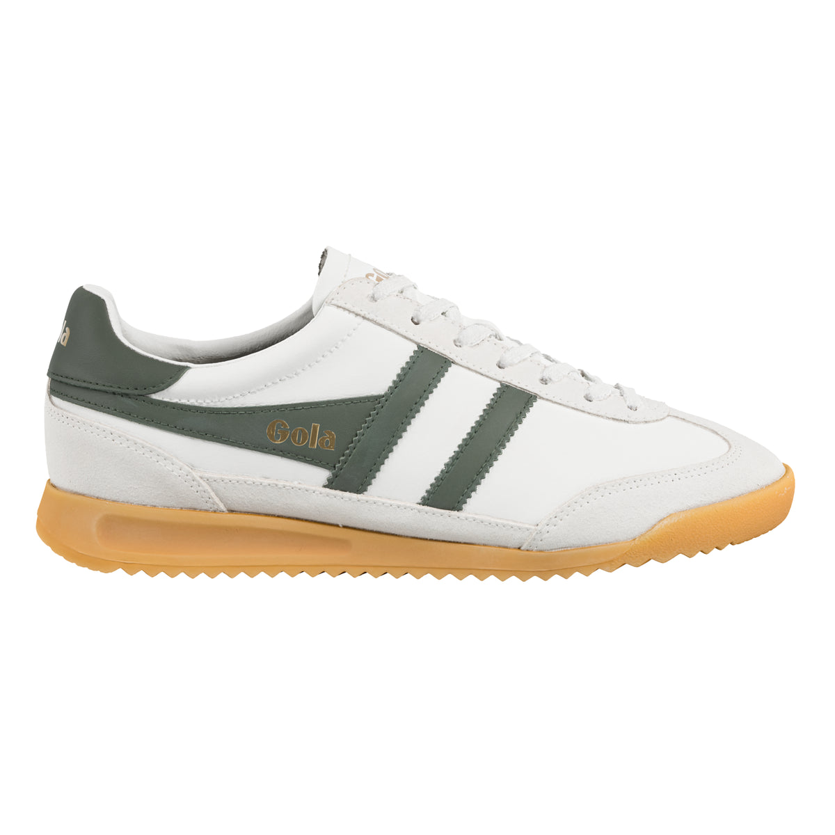 Gola Classics white trainer with green side stripes and gum rubber sole