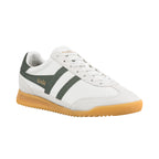 White Gola trainer with dark green side stripes and a gum sole