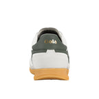 Rear view of white and dark green Gola trainer with gum sole
