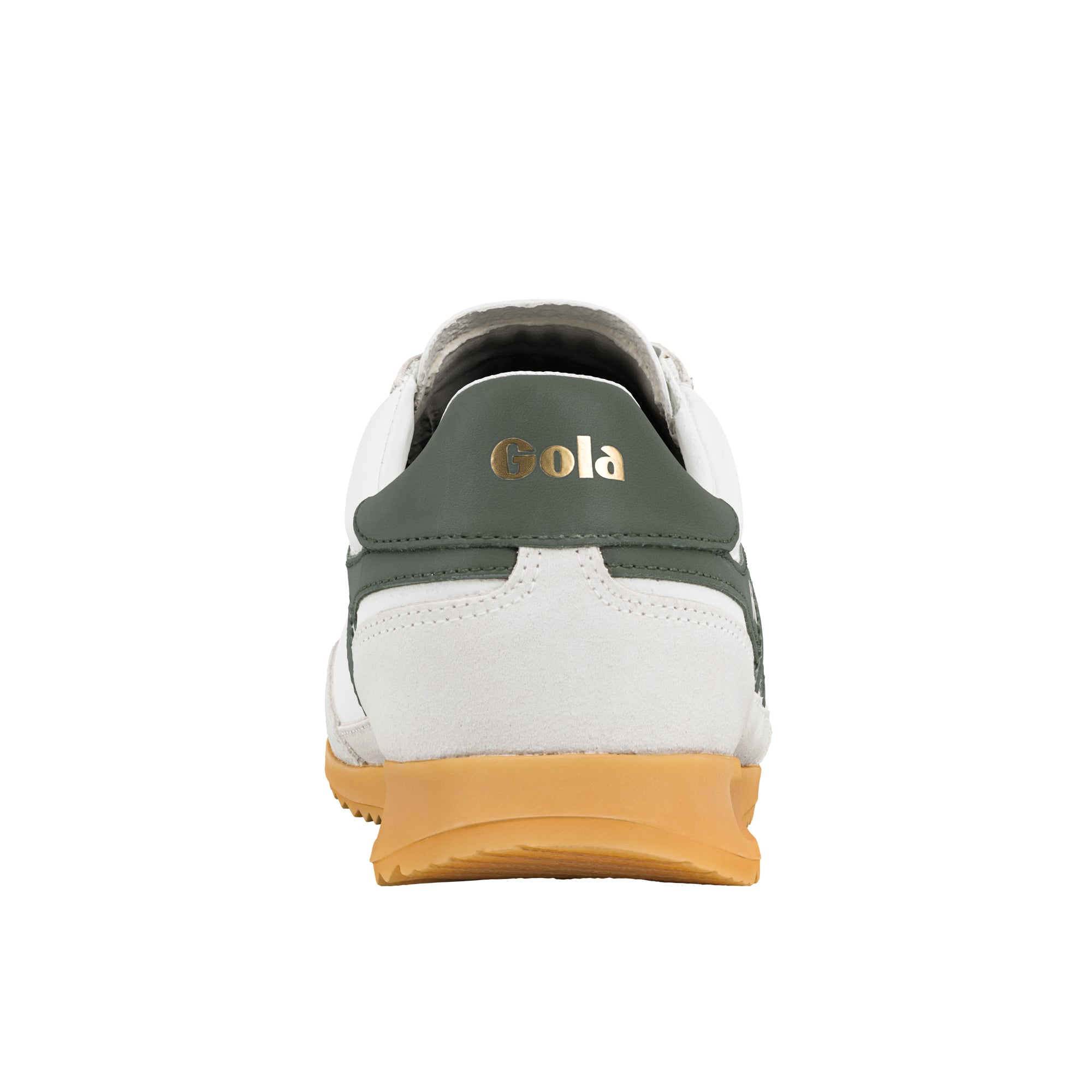 Rear view of white and dark green Gola trainer with gum sole