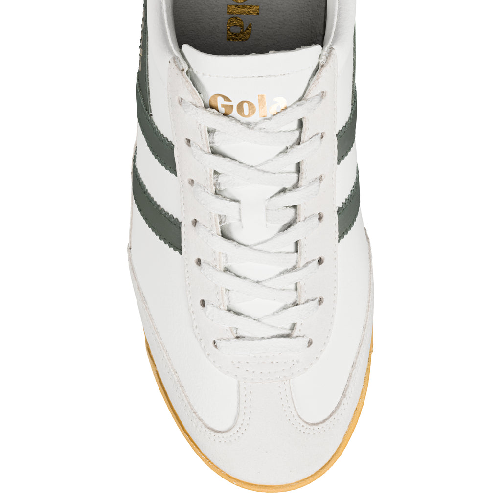 White Gola trainer with dark green side stripes and gum sole
