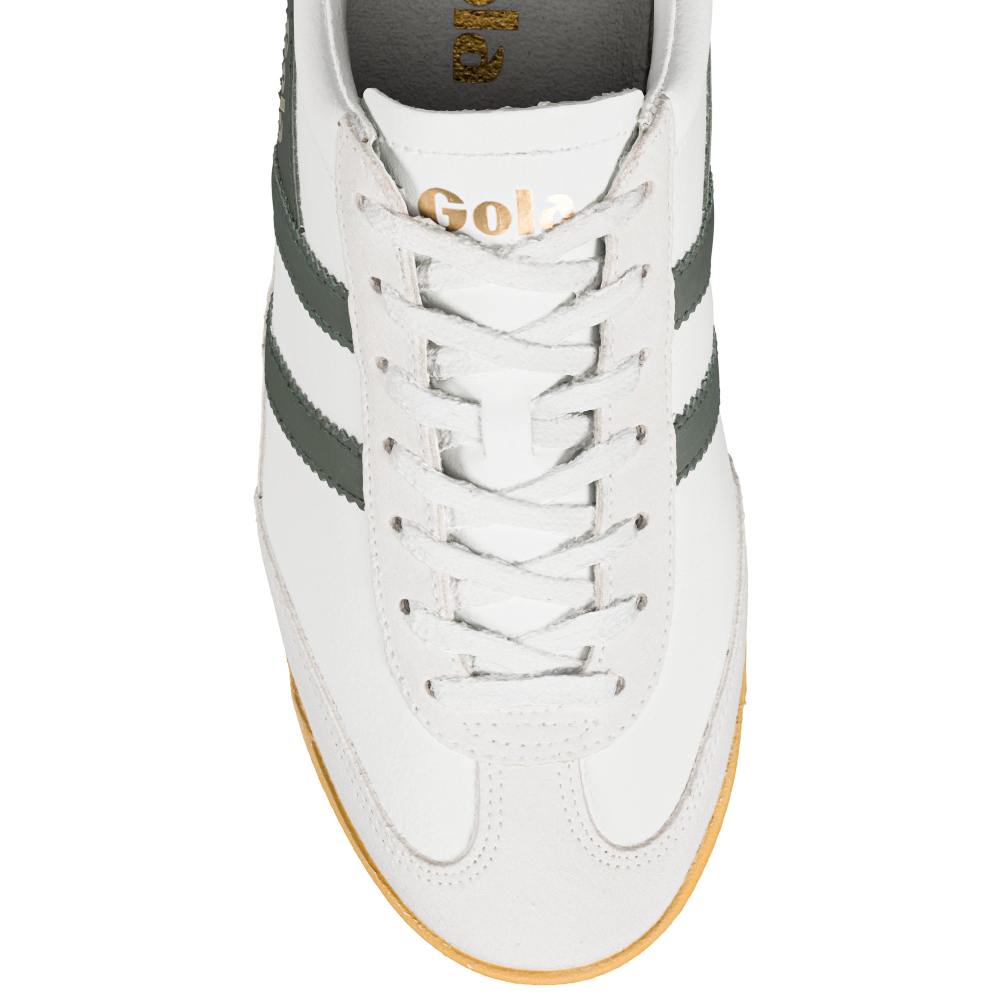 White Gola trainer with dark green side stripes and gum sole