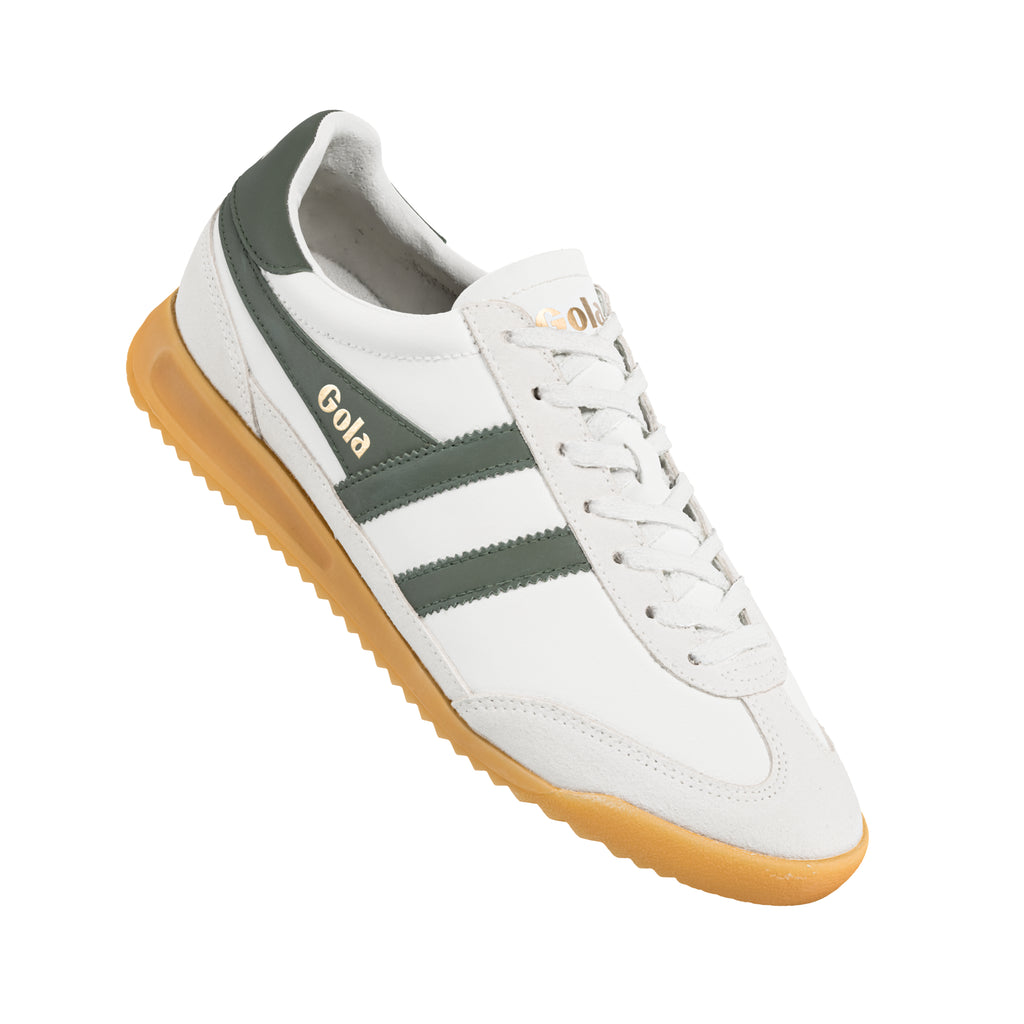 White Gola trainer with dark green stripes and a gum sole