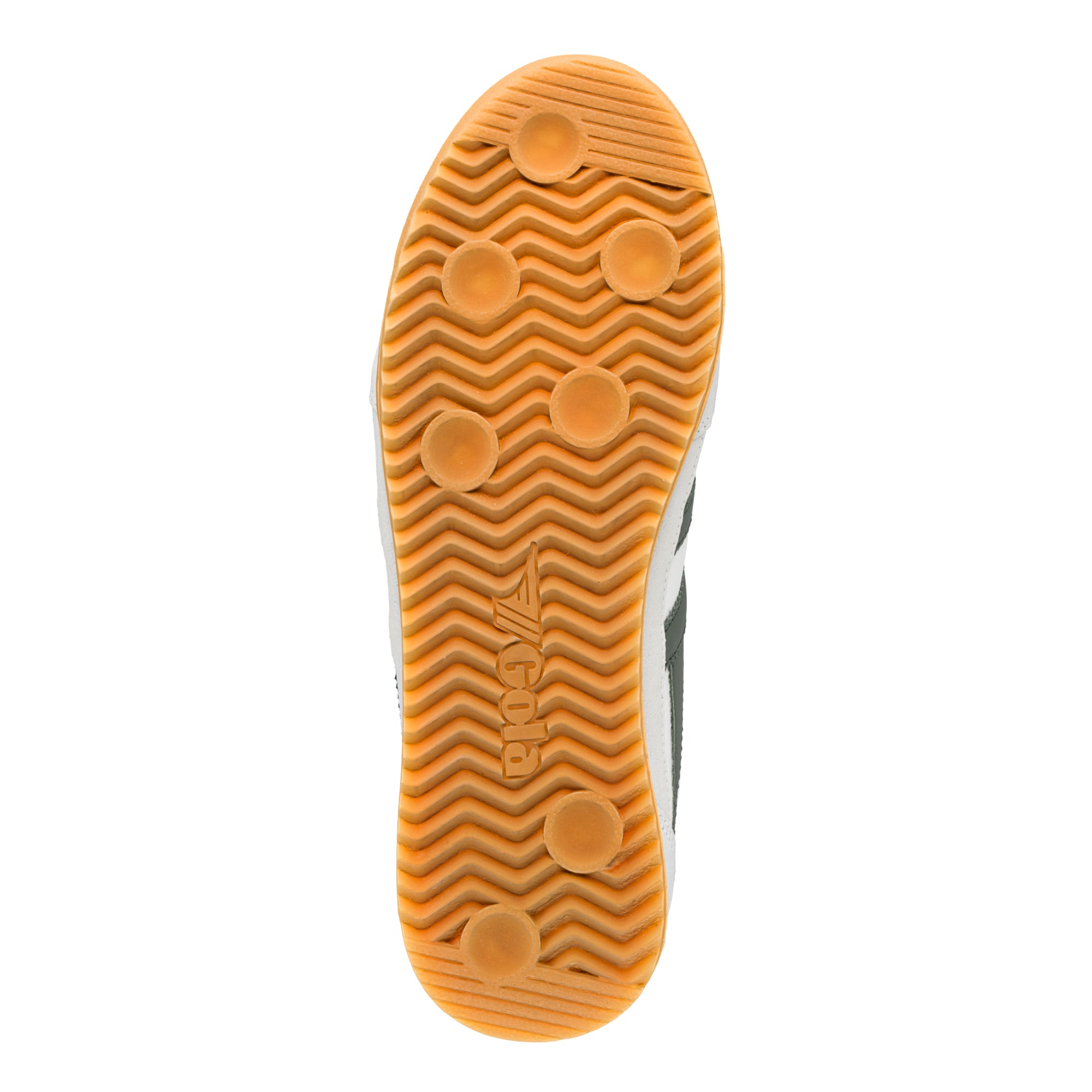 Gum rubber trainer sole with chevron tread pattern and Gola logo