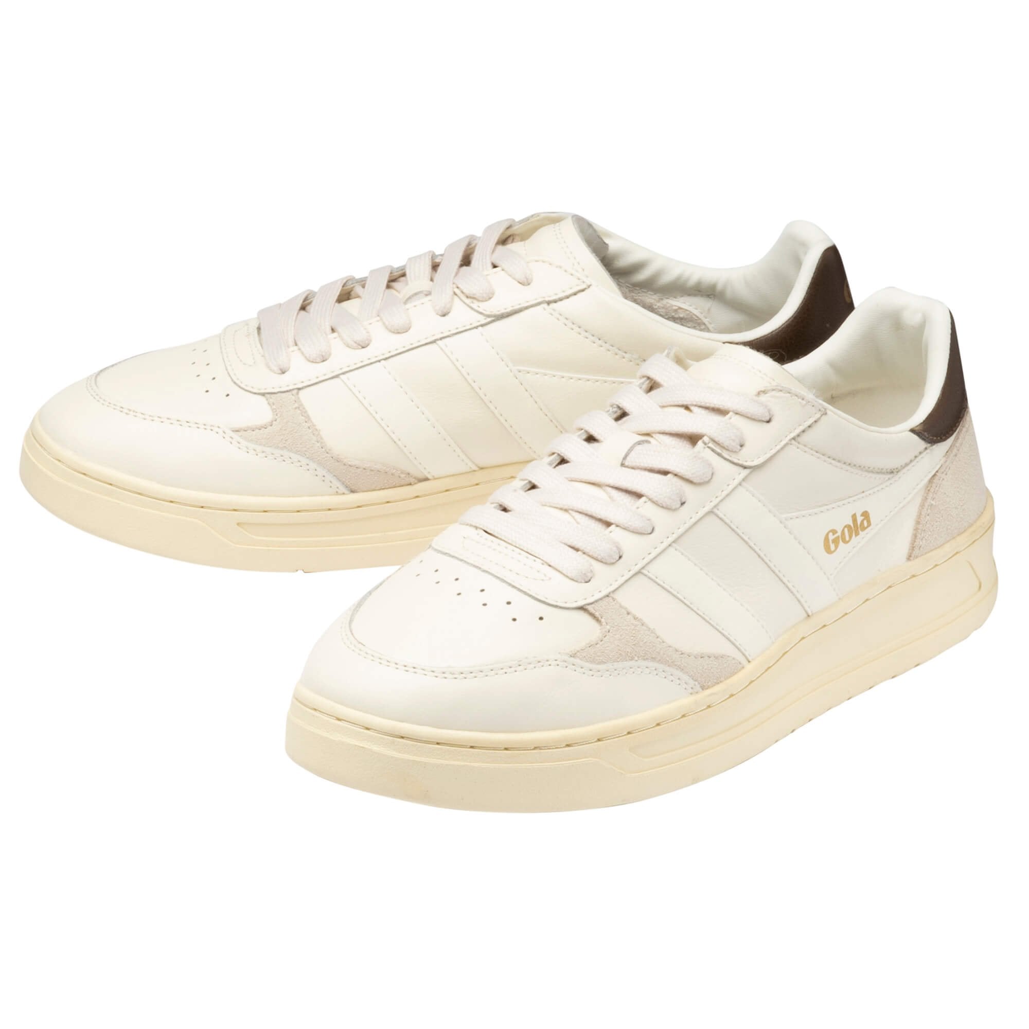 Cream coloured Gola trainers with brown heel detail and lace up fastening