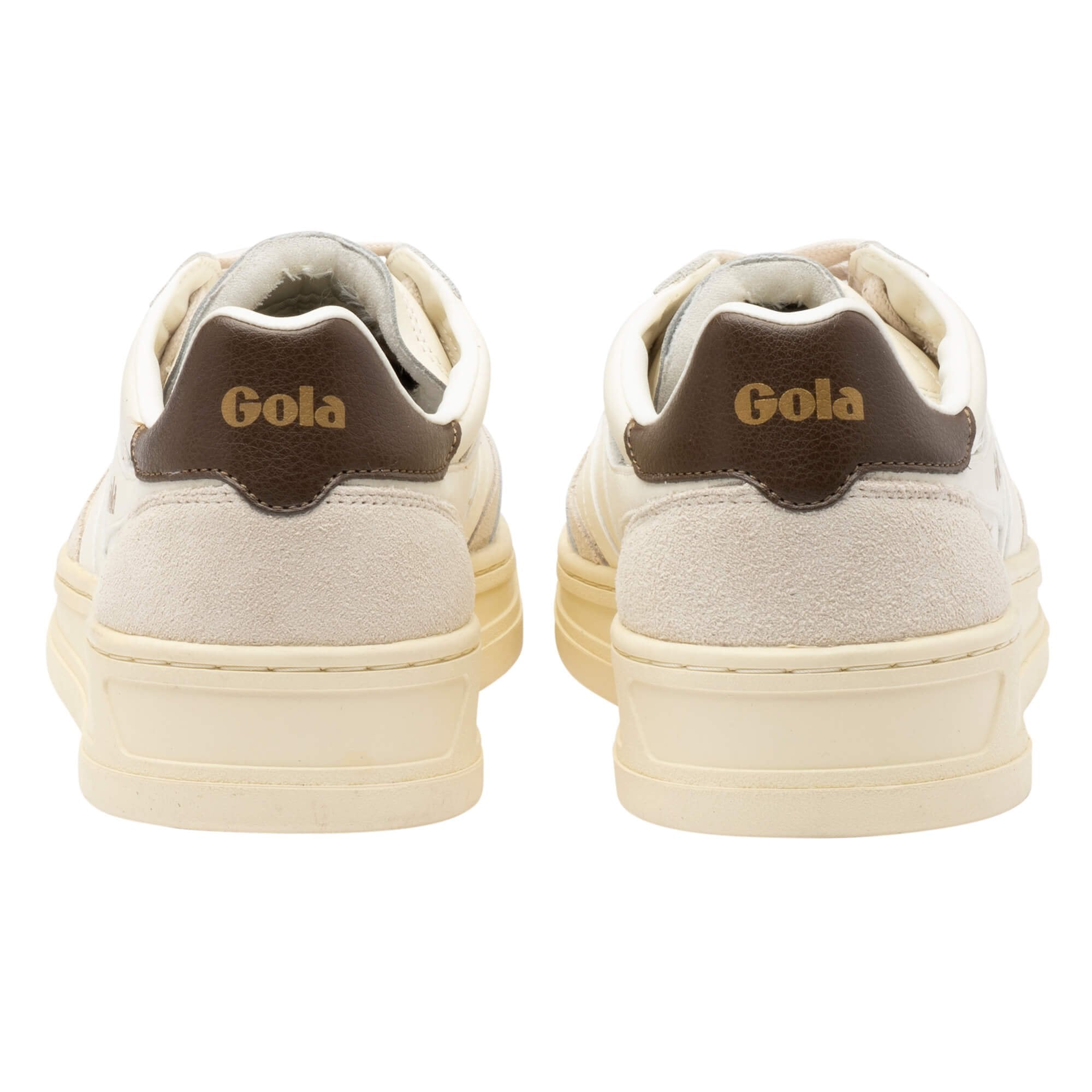 Rear view of cream and brown Gola trainers showing heel detail