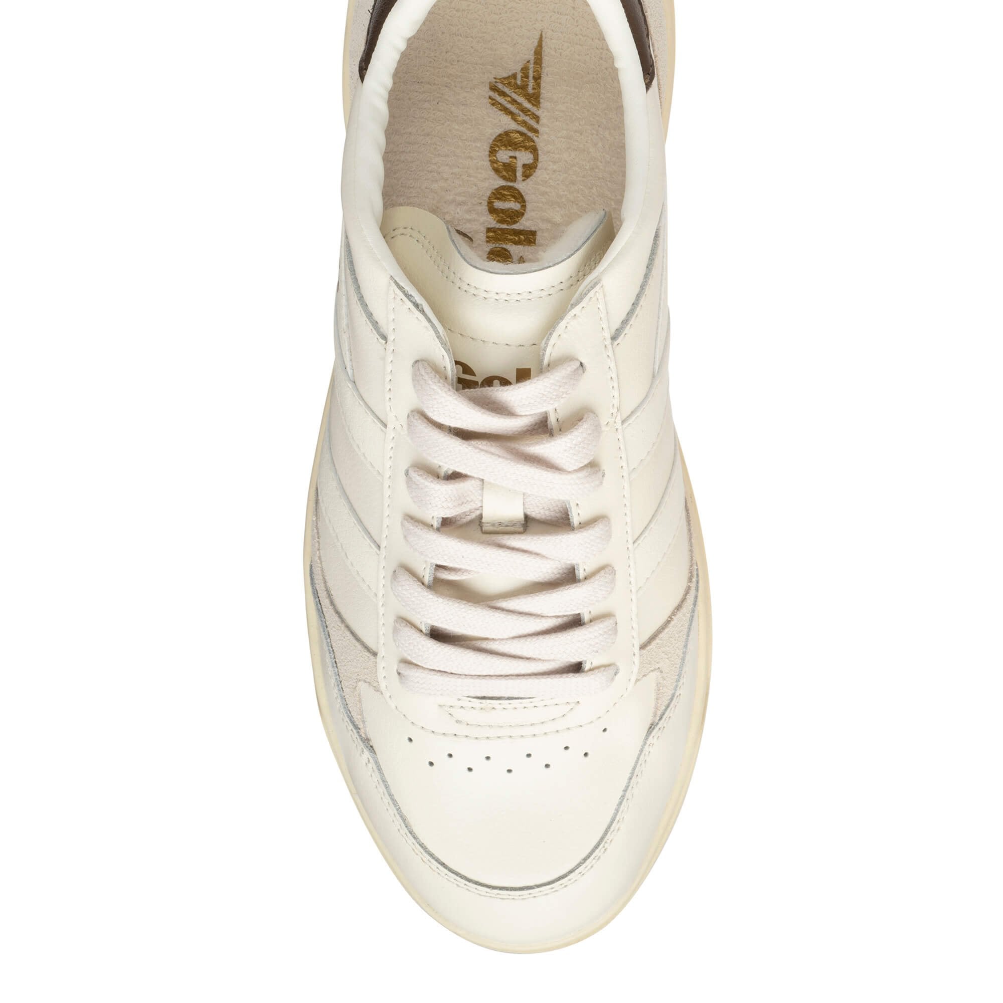 Top view of a cream coloured Gola trainer with lace up fastening
