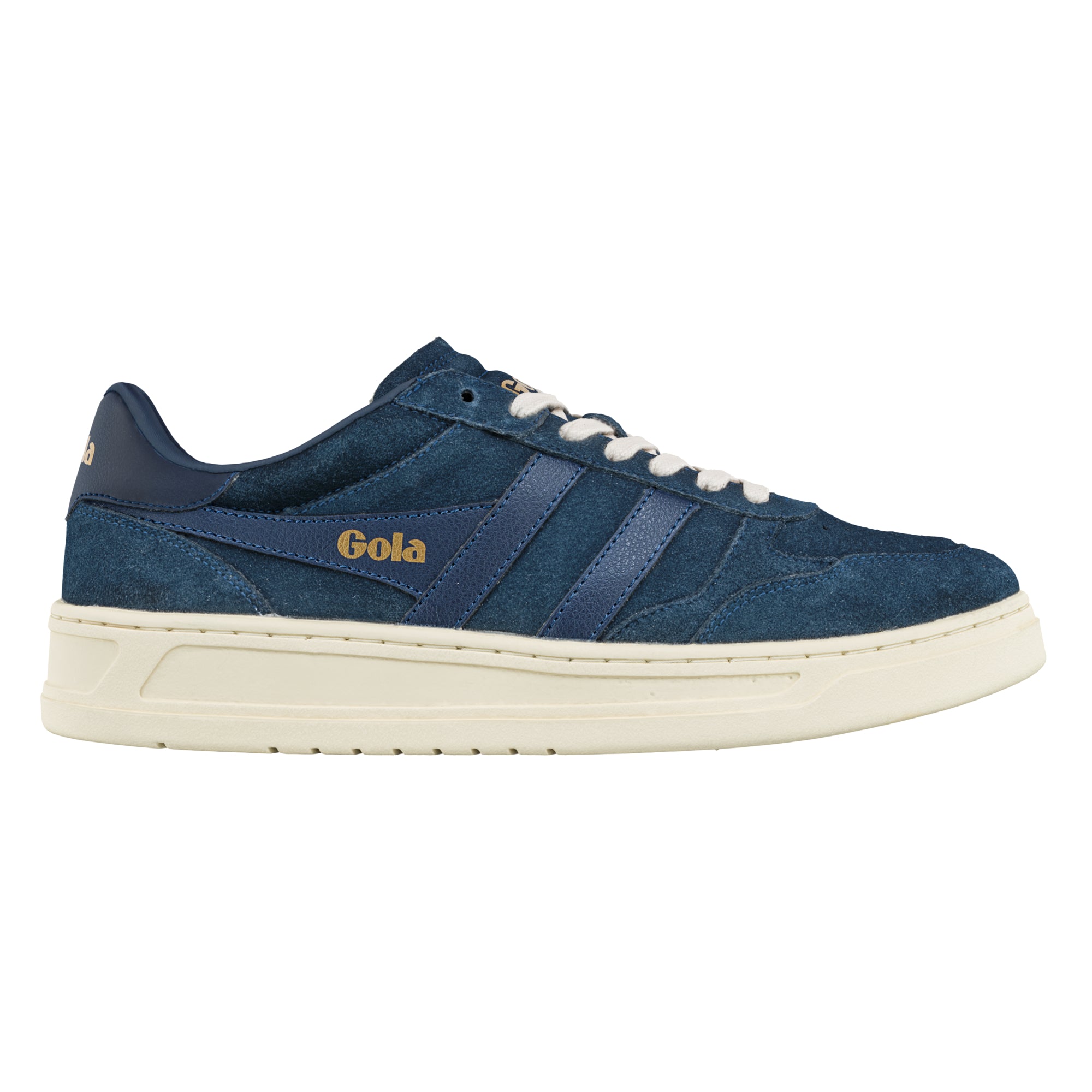 Navy blue suede Gola trainer with cream sole and white laces