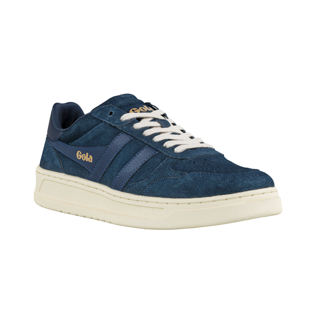 Navy blue suede Gola trainer with white laces and cream sole