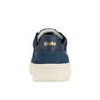 Rear view of a navy blue suede Gola trainer with a cream sole