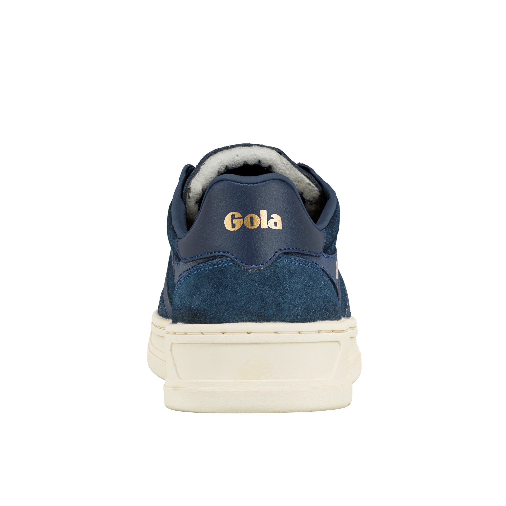 Rear view of a navy blue suede Gola trainer with a cream sole
