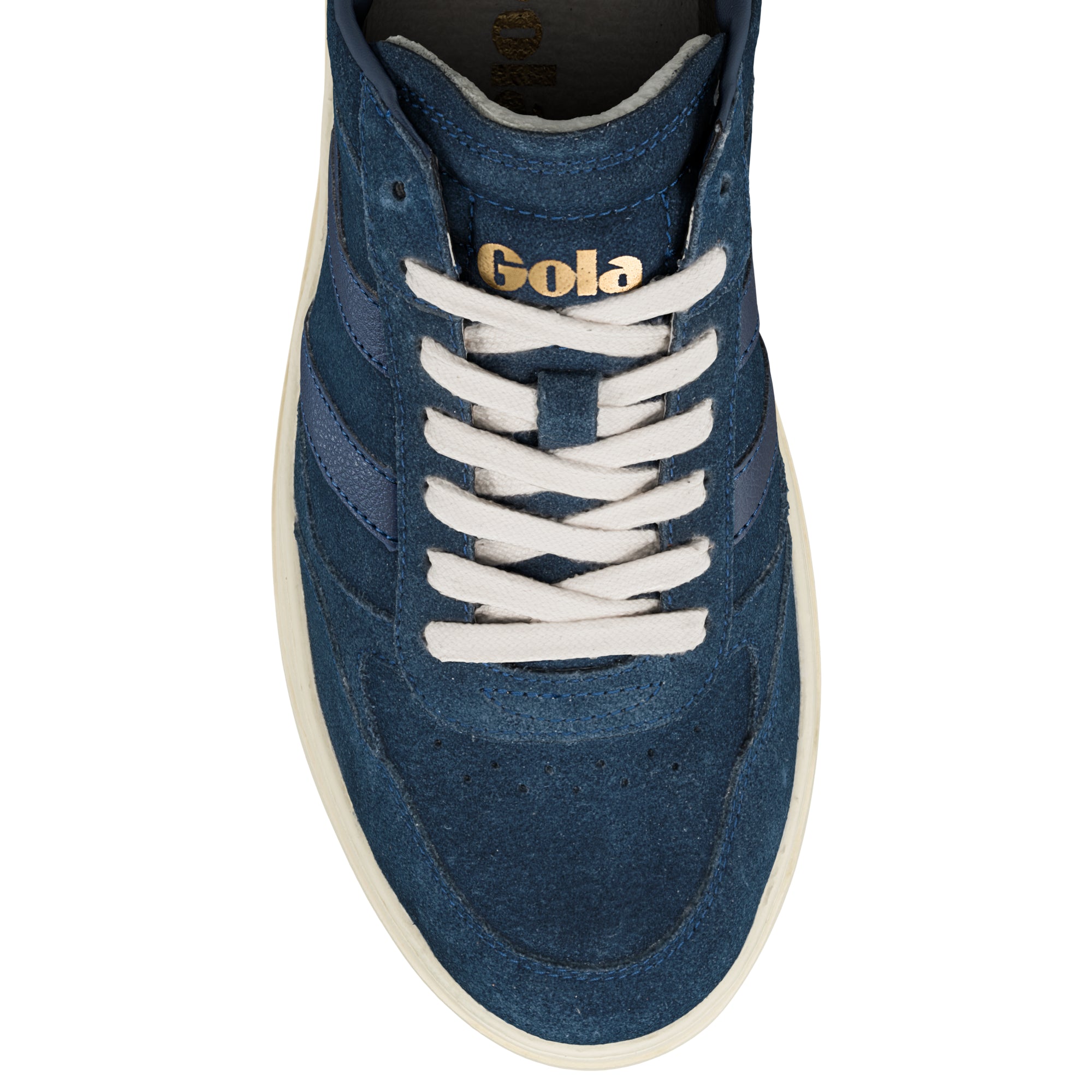 Top view of a navy blue suede Gola trainer with white laces and a cream sole