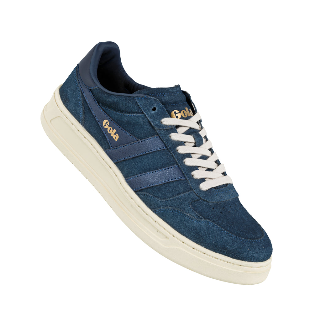 Navy blue suede Gola trainer with cream sole and white laces