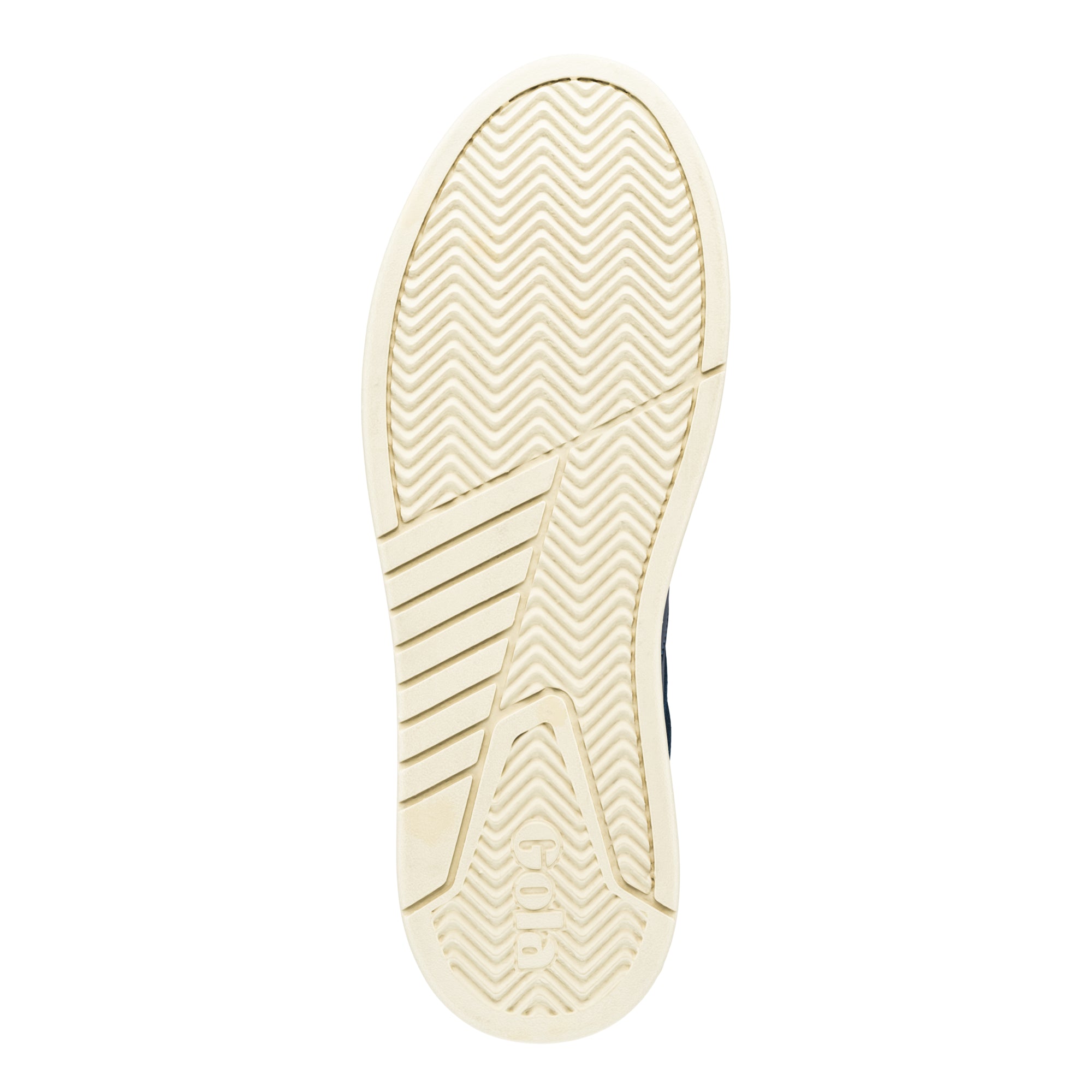 Cream coloured rubber trainer sole with herringbone tread pattern and Gola branding