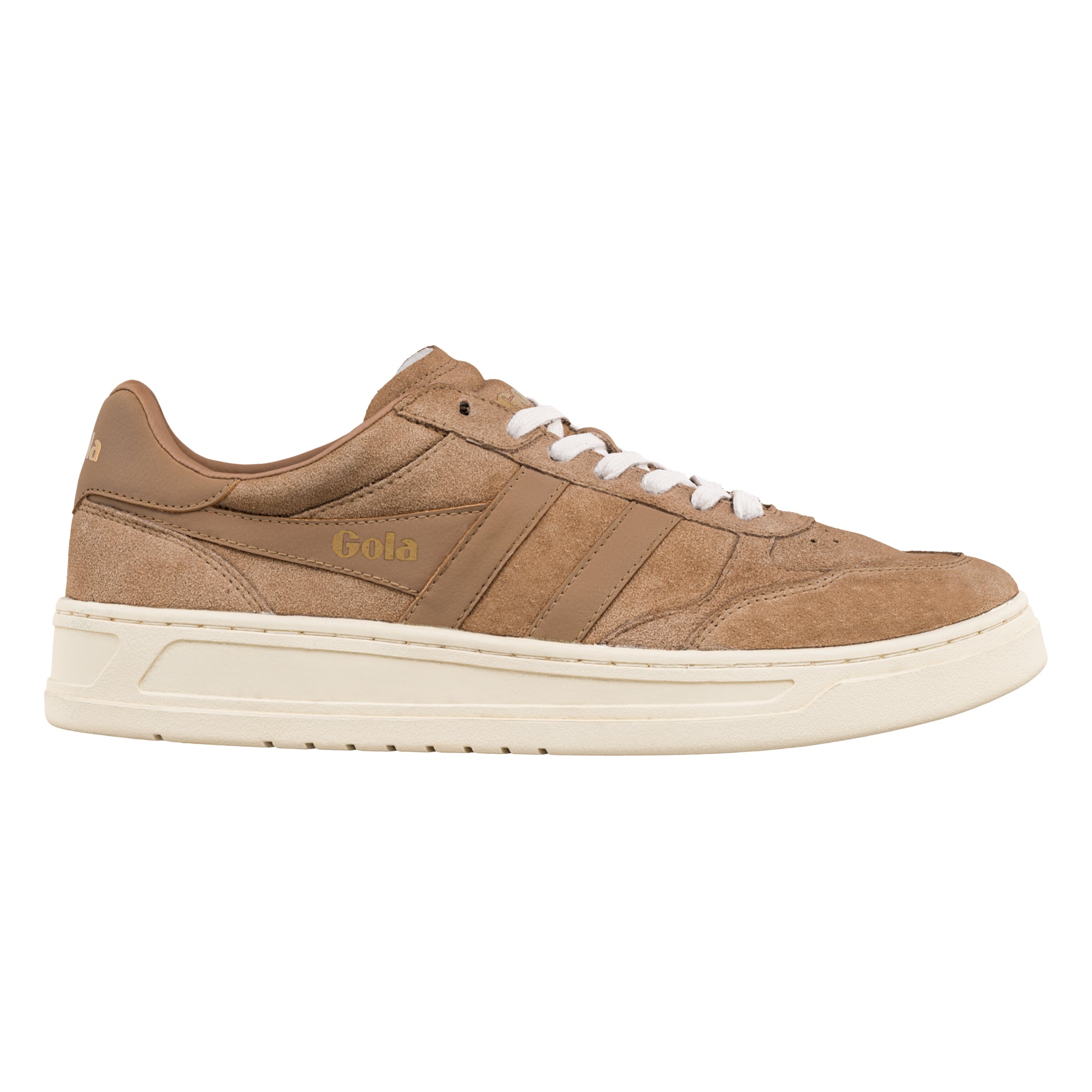 Tan suede Gola trainer with white laces and cream rubber sole