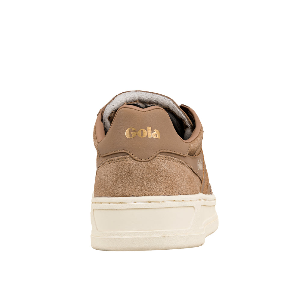 Rear view of a tan suede Gola trainer with a cream rubber sole