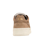 Rear view of a tan suede Gola trainer with a cream rubber sole