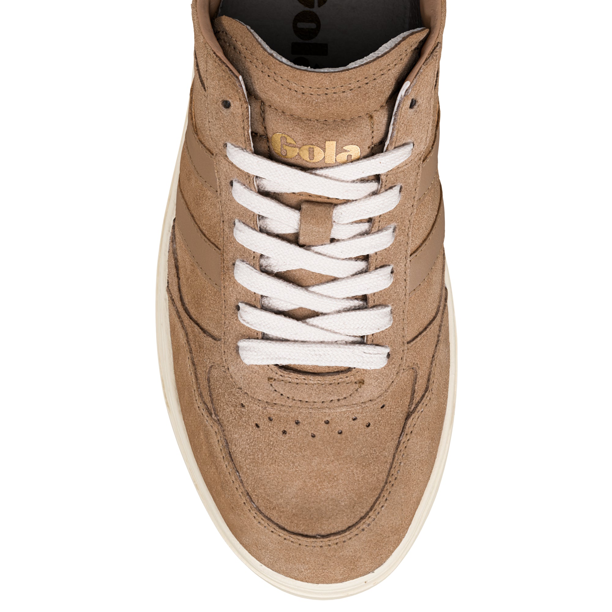 Top view of a tan suede Gola trainer with white laces