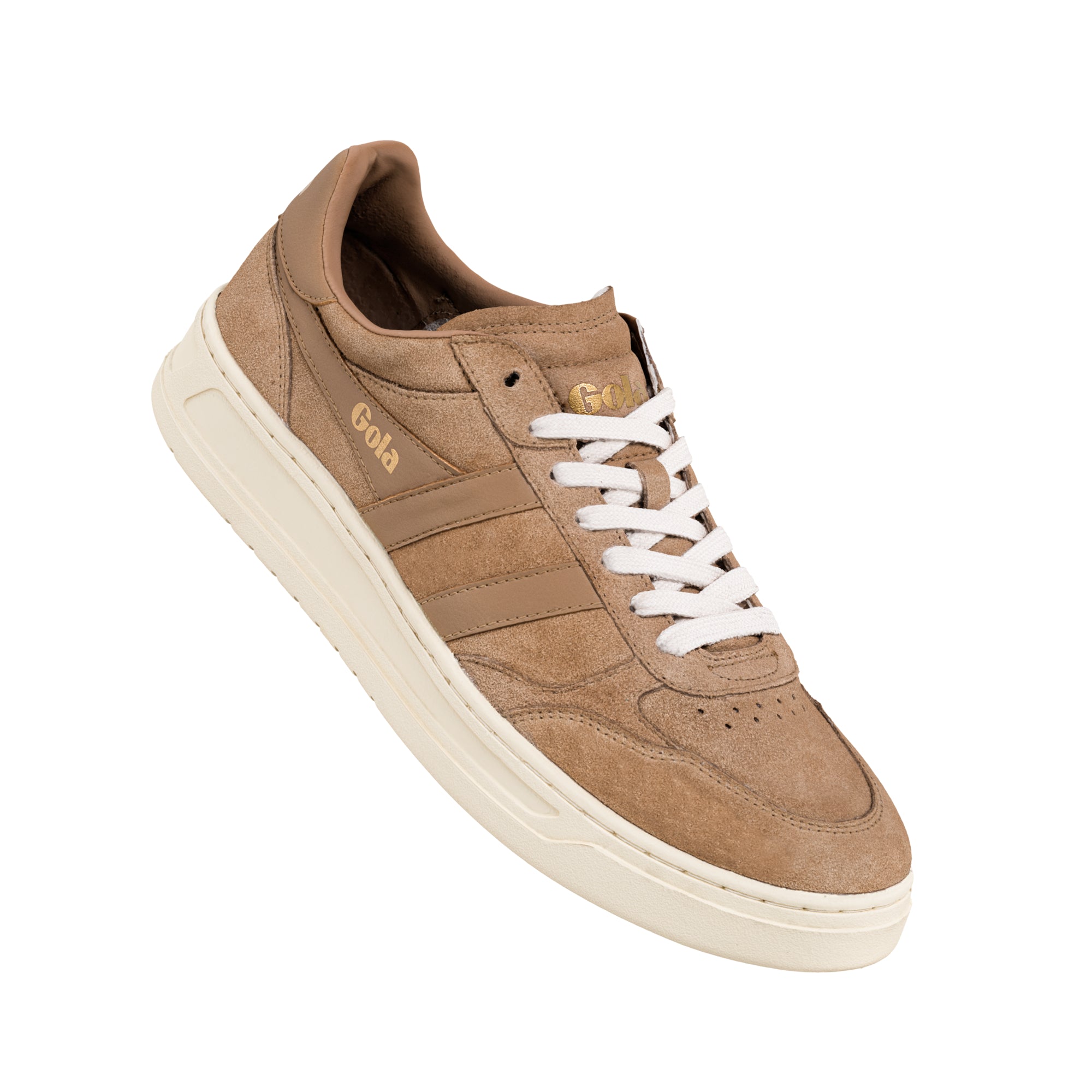 Tan suede Gola trainer with white laces and cream sole