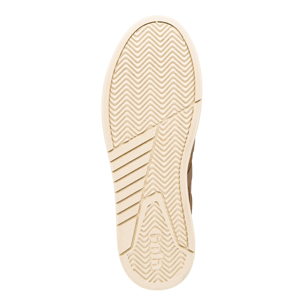 Cream coloured rubber trainer sole with herringbone tread pattern and Gola branding