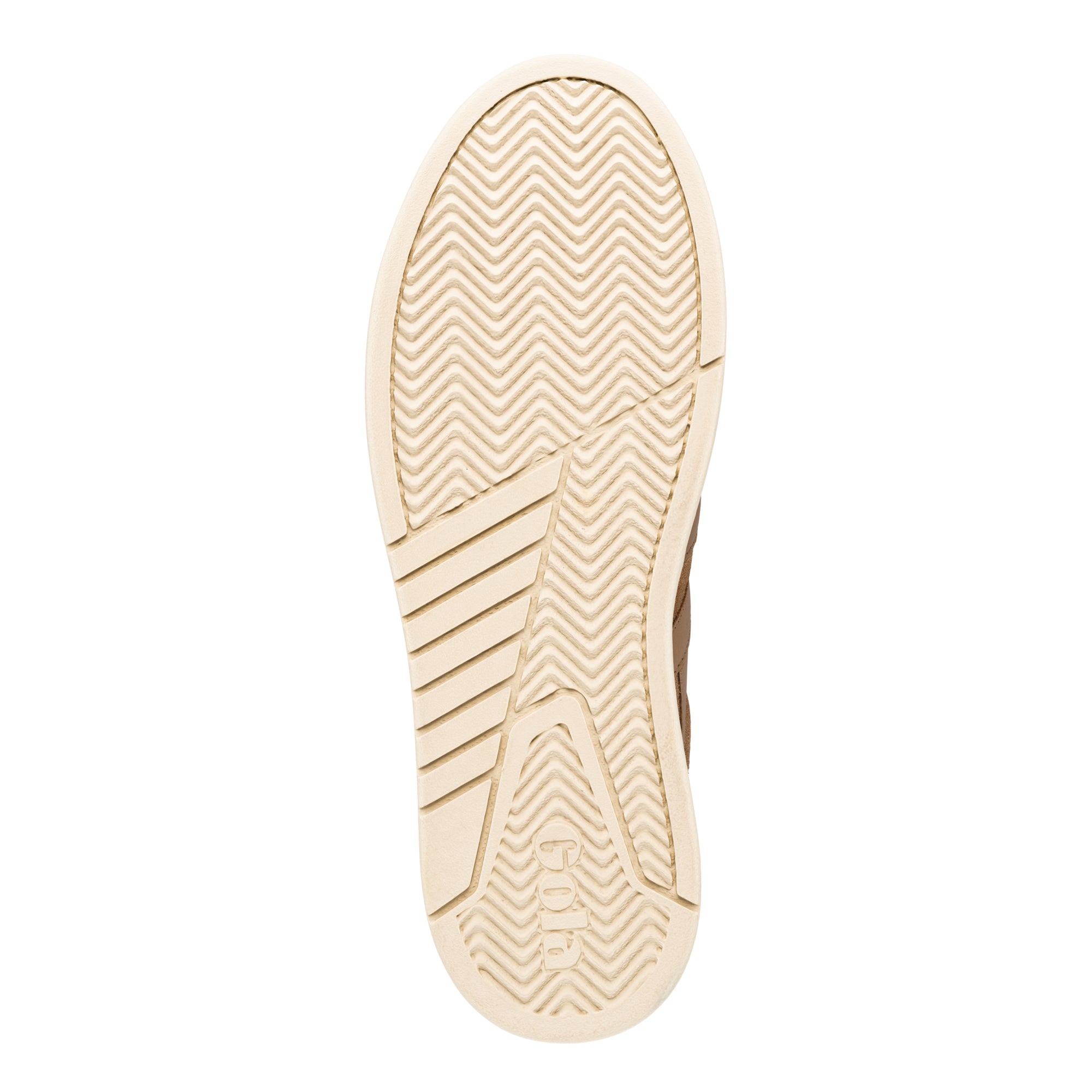 Cream coloured rubber trainer sole with herringbone tread pattern and Gola branding