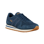Navy blue suede Gola trainer with white midsole and gum rubber outsole