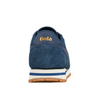 Rear view of a navy blue suede Gola trainer with a white and blue midsole and gum rubber sole