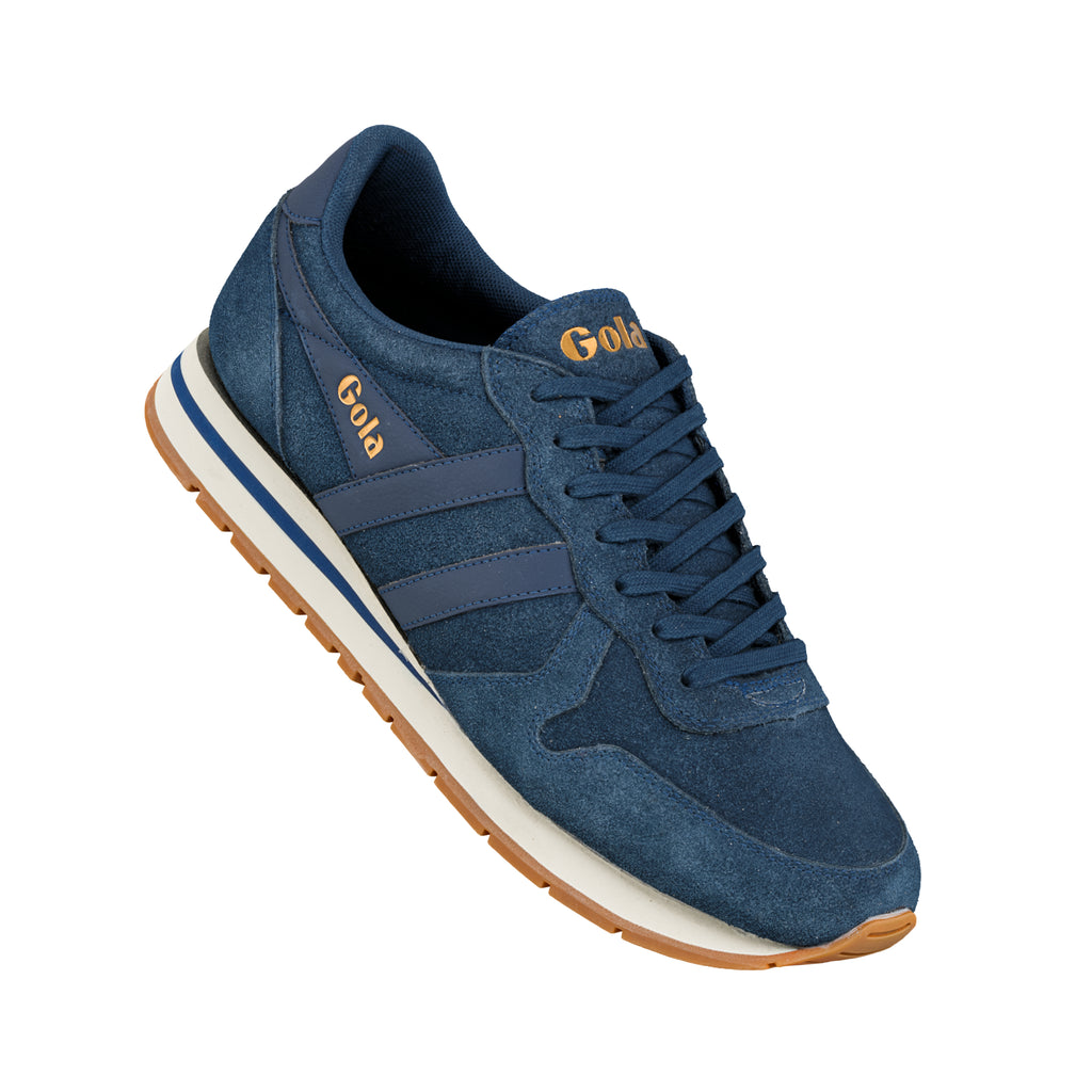 Navy blue suede Gola trainer with white midsole and gum rubber sole