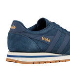 Rear view of a navy blue suede Gola trainer with a white midsole and gum rubber sole