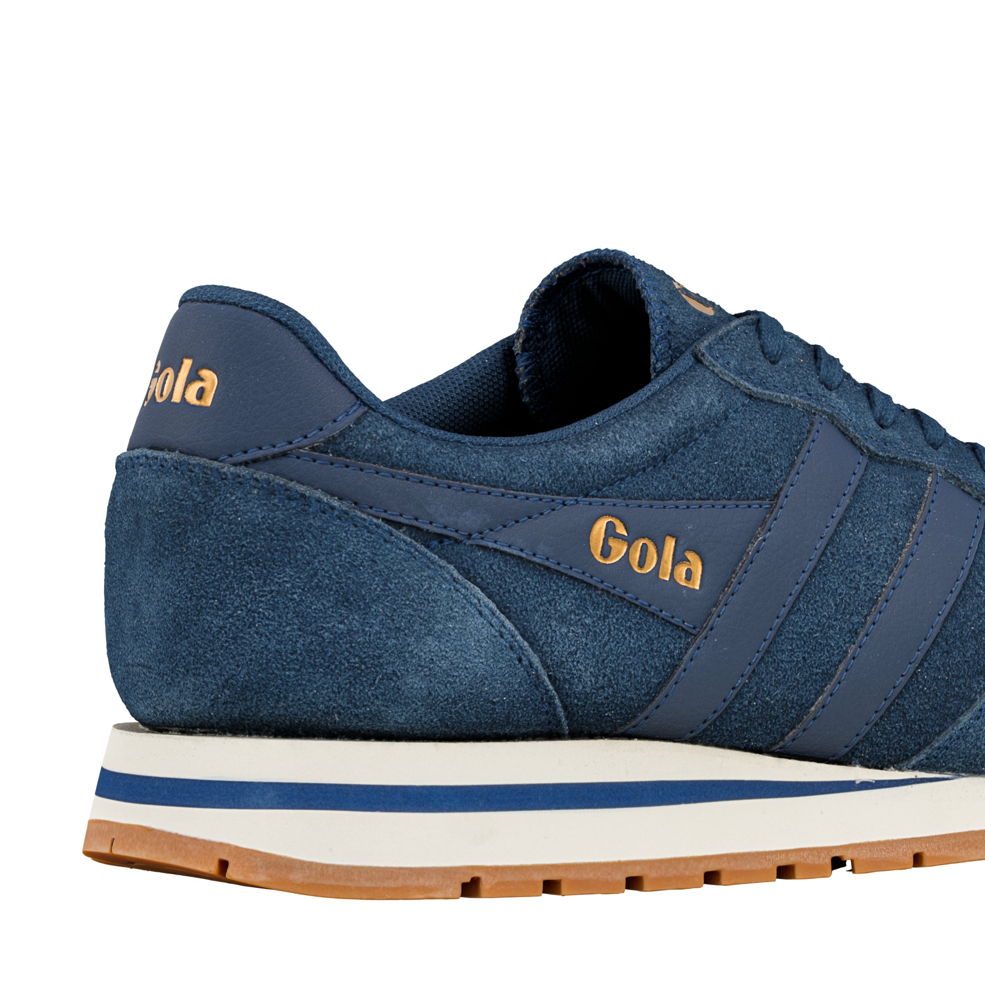 Rear view of a navy blue suede Gola trainer with a white midsole and gum rubber sole