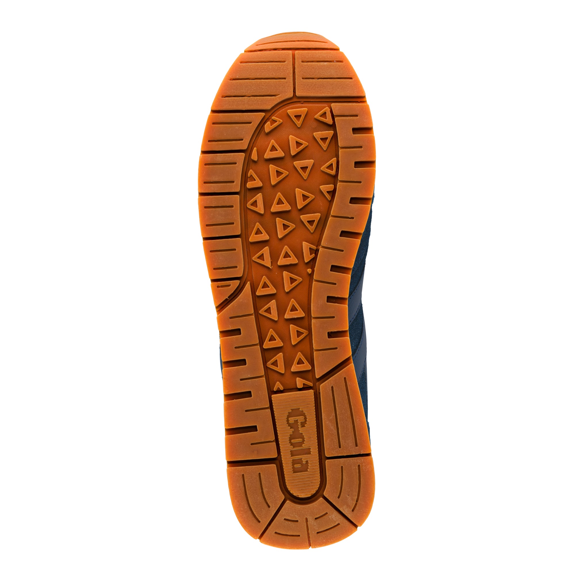 Brown rubber trainer sole with triangular tread pattern and Gola branding