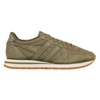 Olive green suede Gola trainer with white midsole and gum rubber outsole