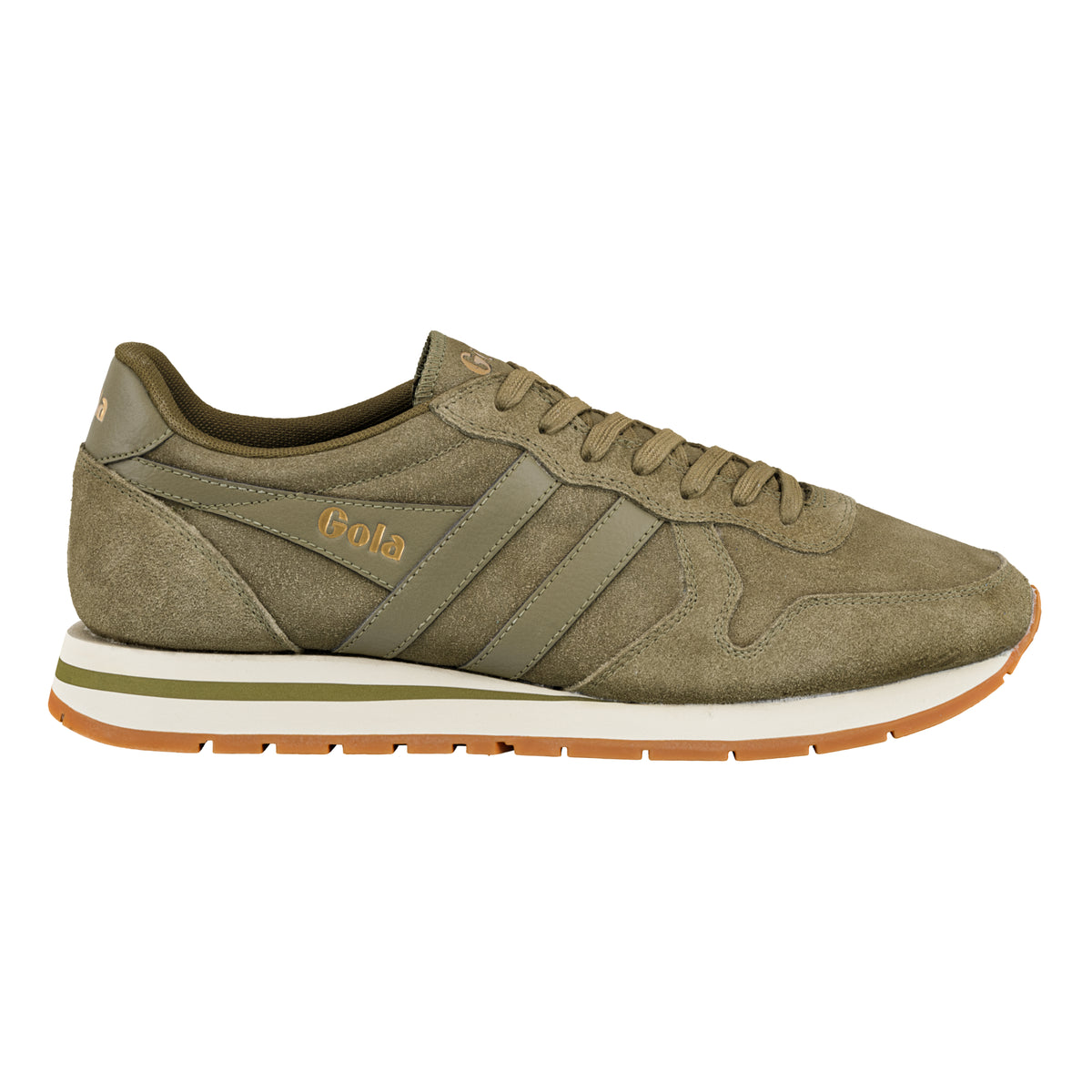 Gola Classics olive green suede trainer with white midsole and gum rubber outsole