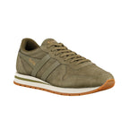 Olive green Gola suede trainer with white midsole and gum rubber sole