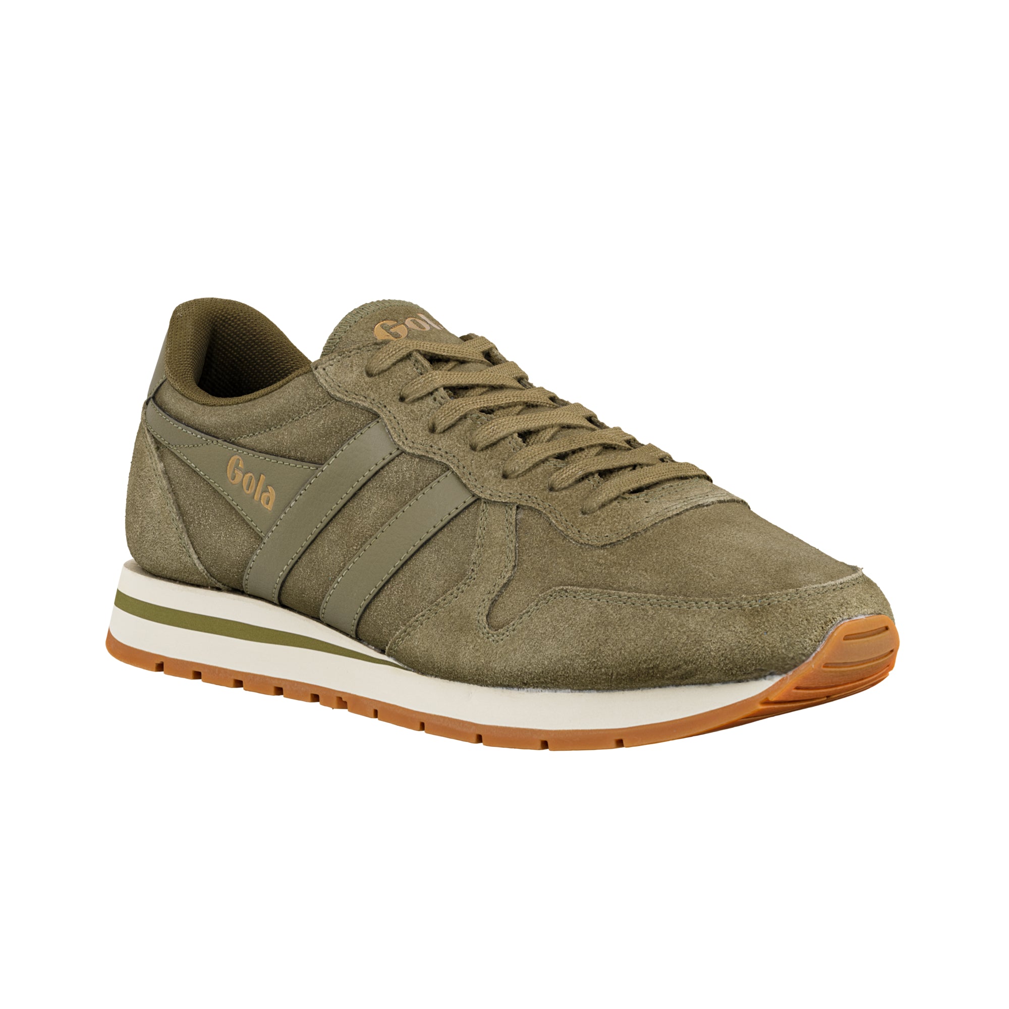 Olive green Gola suede trainer with white midsole and gum rubber sole