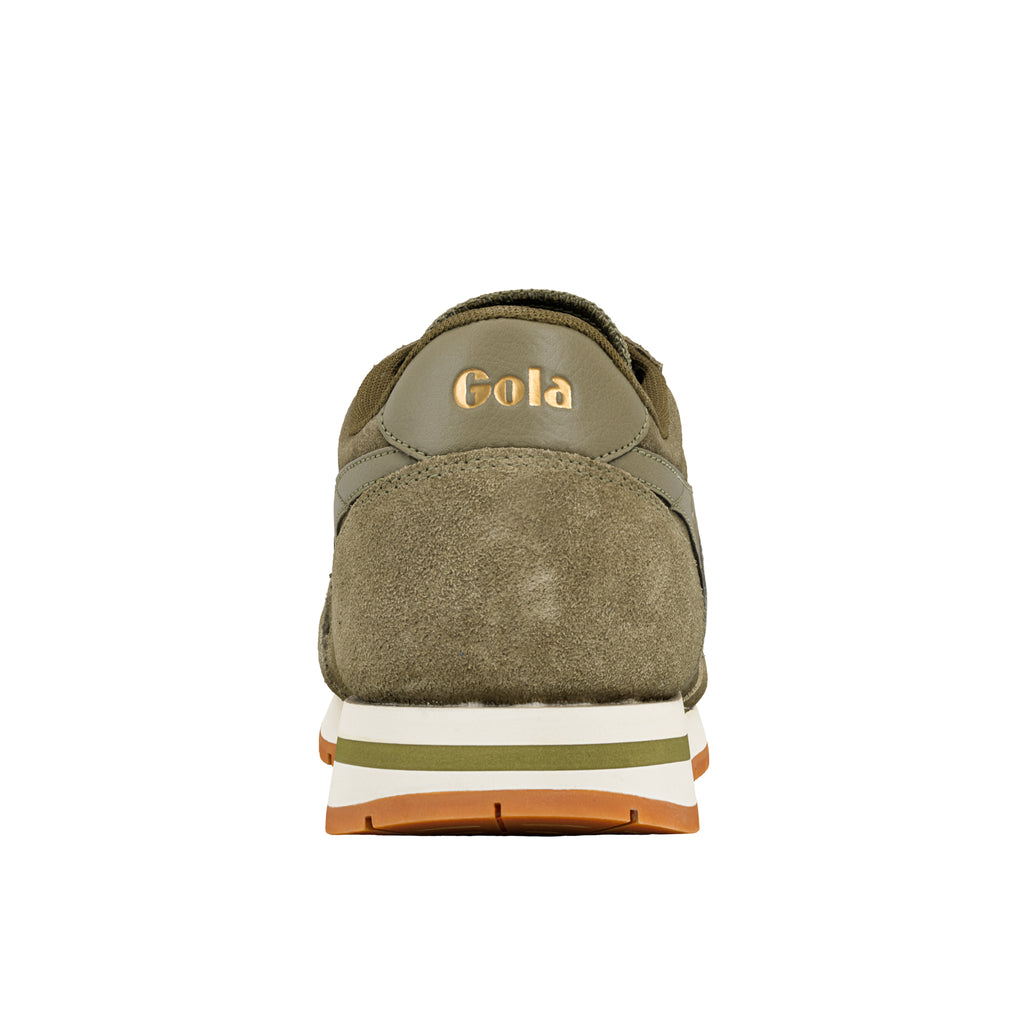 Rear view of an olive green Gola trainer with a white and green midsole and gum rubber sole