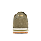 Rear view of an olive green Gola trainer with a white and green midsole and gum rubber sole