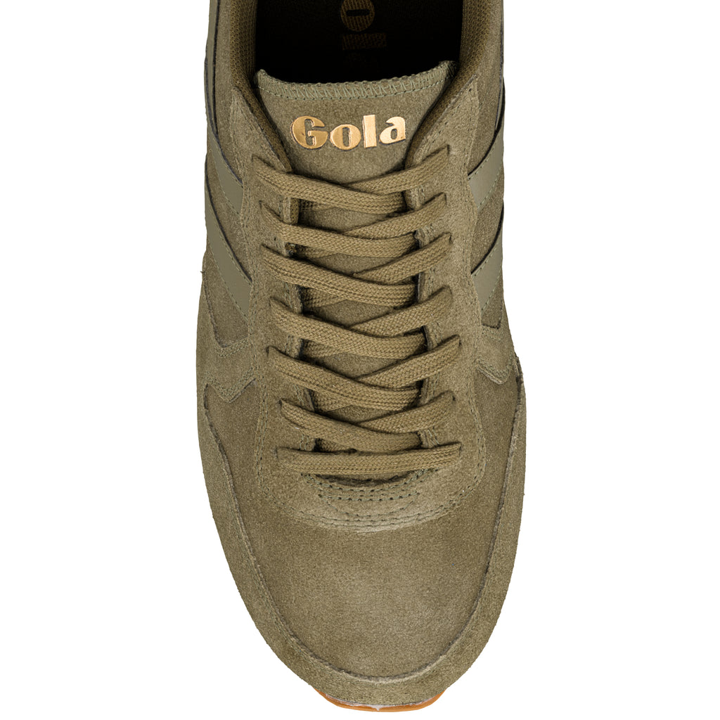 Top view of an olive green suede Gola trainer with matching laces