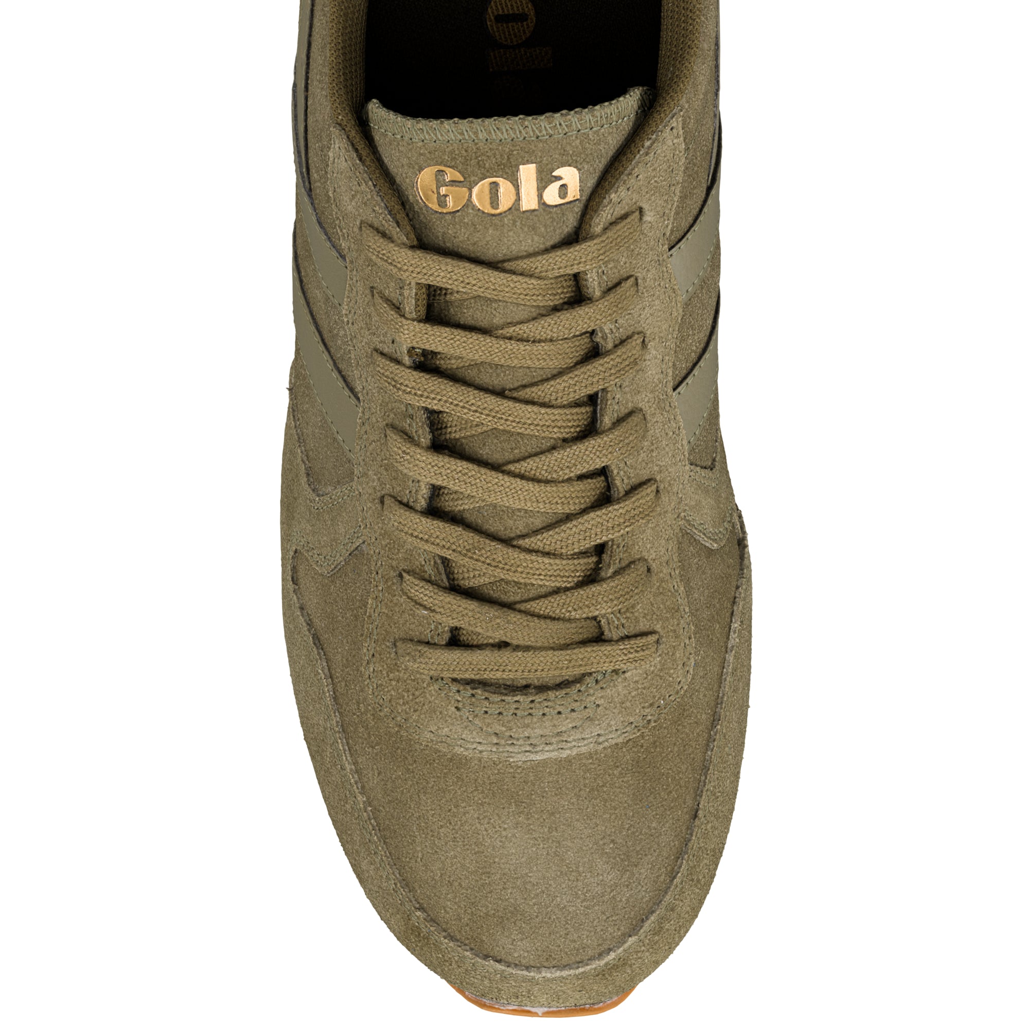 Top view of an olive green suede Gola trainer with matching laces