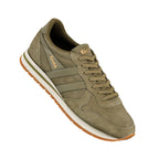 Olive green suede Gola trainer with white midsole and gum rubber outsole