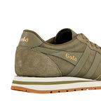 Olive green suede Gola trainer with gold branding and white and gum rubber sole