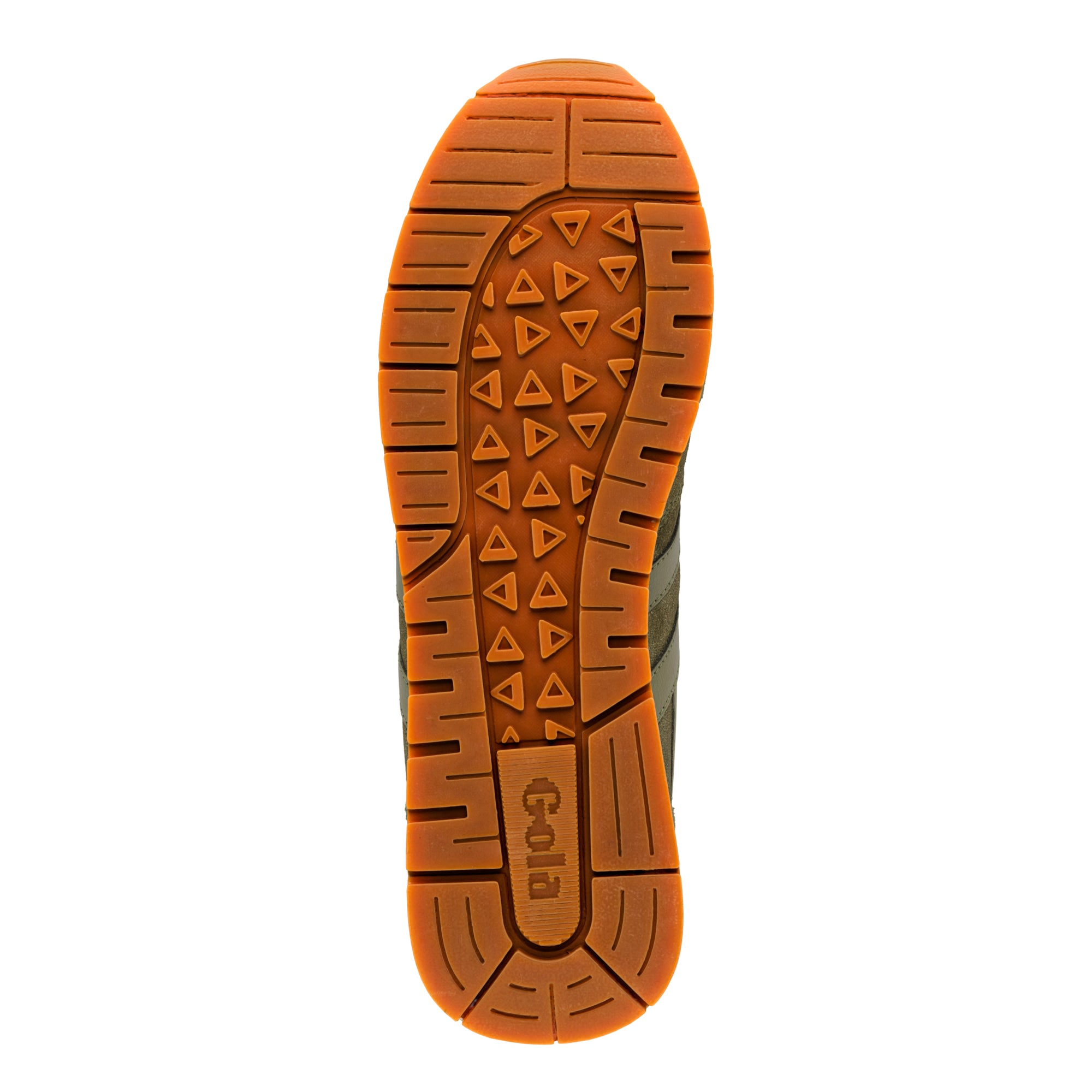Orange rubber trainer sole with triangular tread pattern and Gola branding