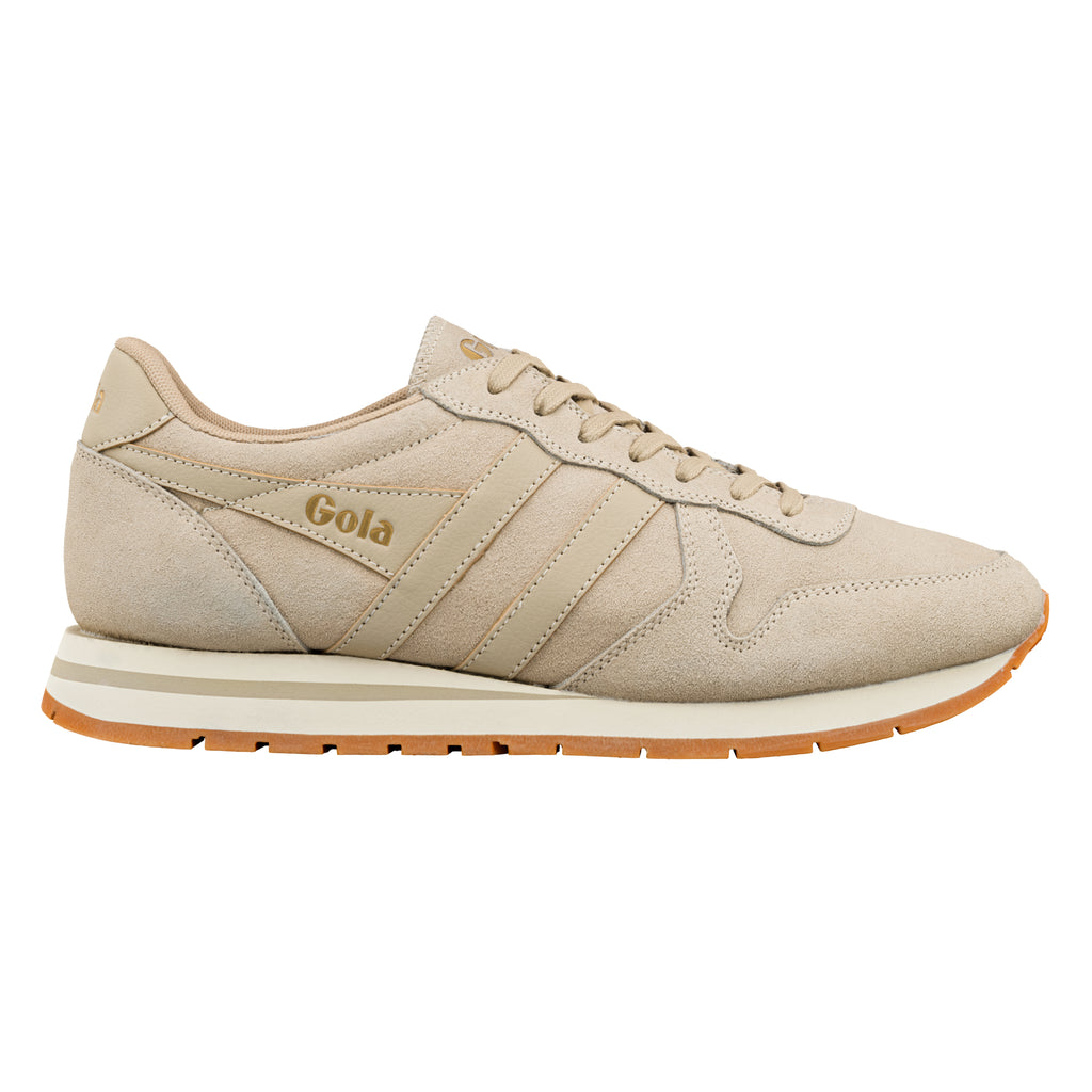 Beige suede Gola trainer with a white midsole and gum rubber outsole
