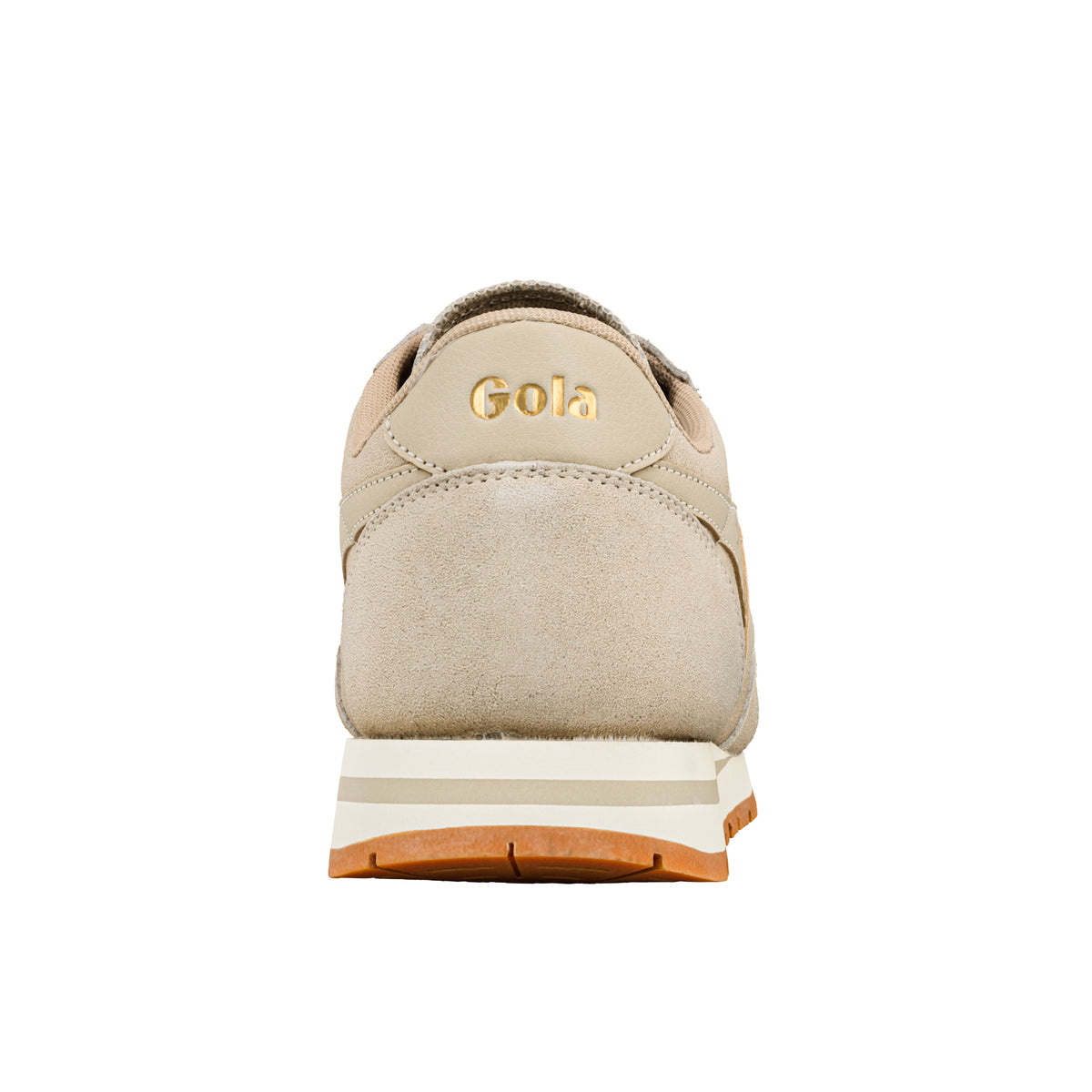 Rear view of a beige Gola trainer with a gum rubber sole