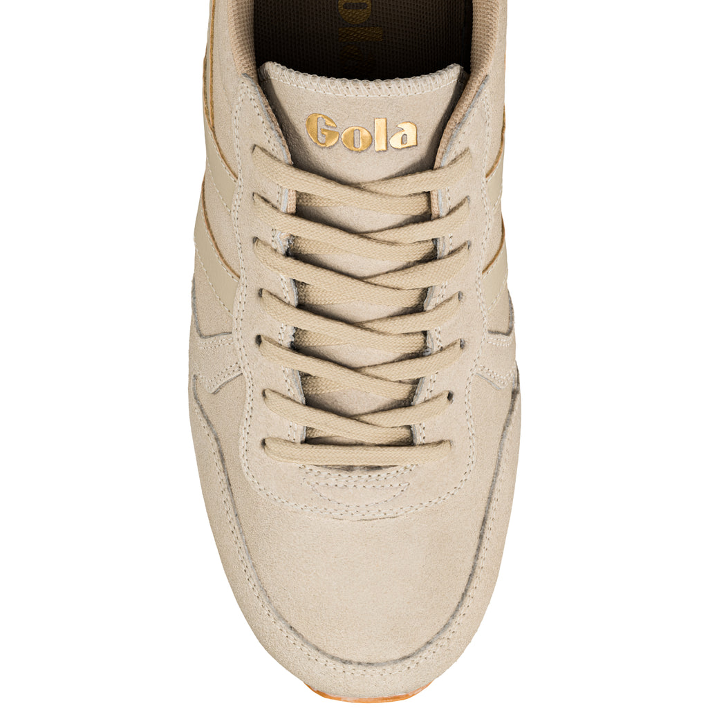 Top view of a beige suede Gola trainer with matching laces