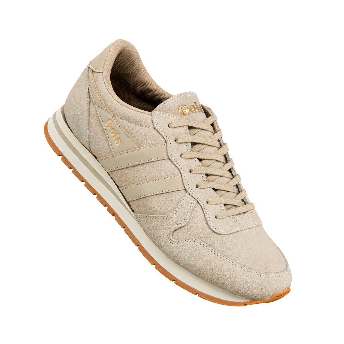 Beige suede Gola trainer with a gum rubber sole